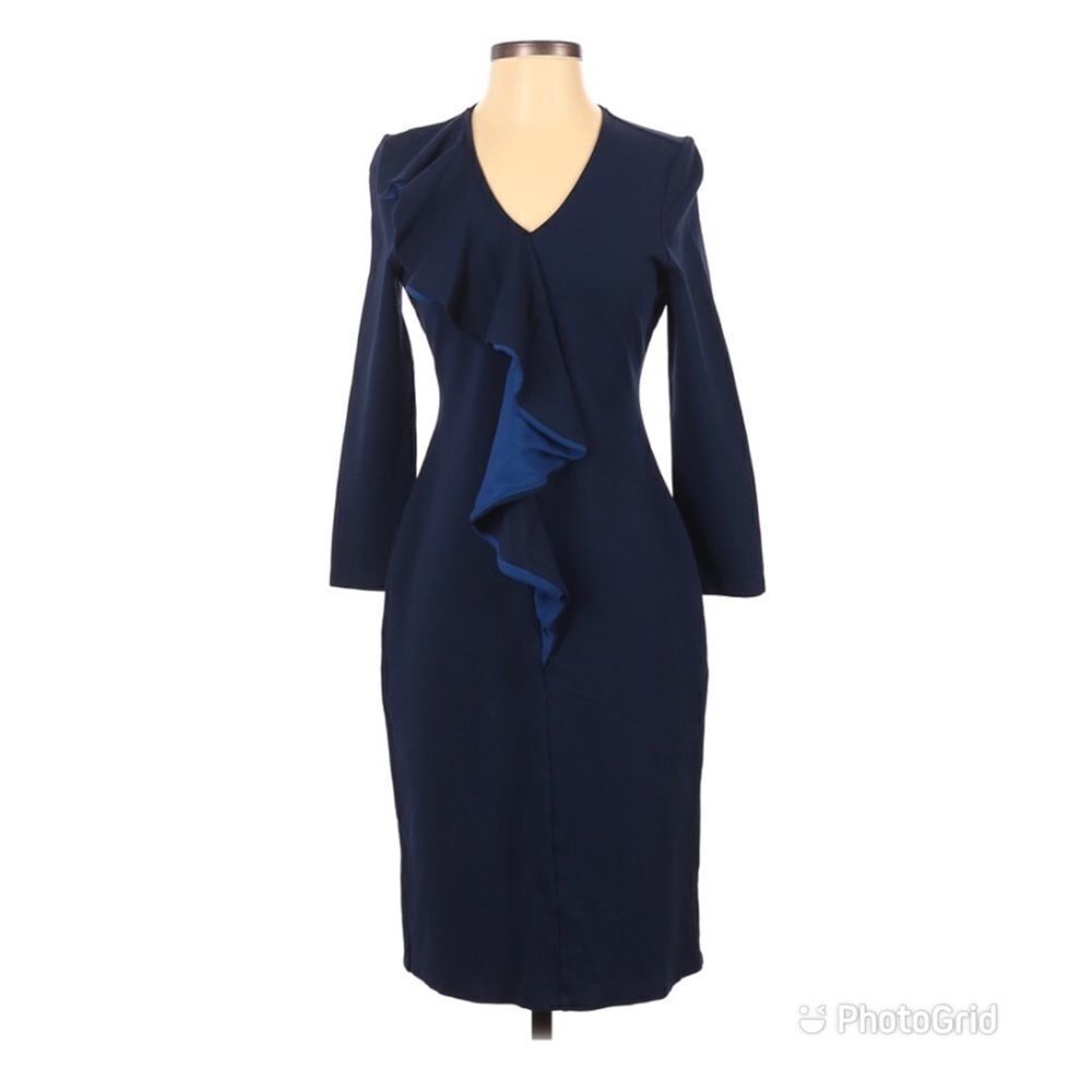 New SABIE Long Sleeve Navy Blue Knit Midi Dress Sheath Office Career Medium‎